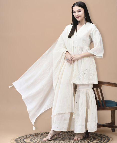 Shree Women Cotton Off White Embroidered Kurta Sharara Dupatta
